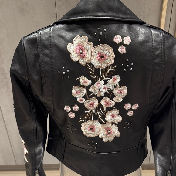 Rebecca Minkoff Black Leather Jacket with Embroidered Floral Accents - Picture 8 of 12